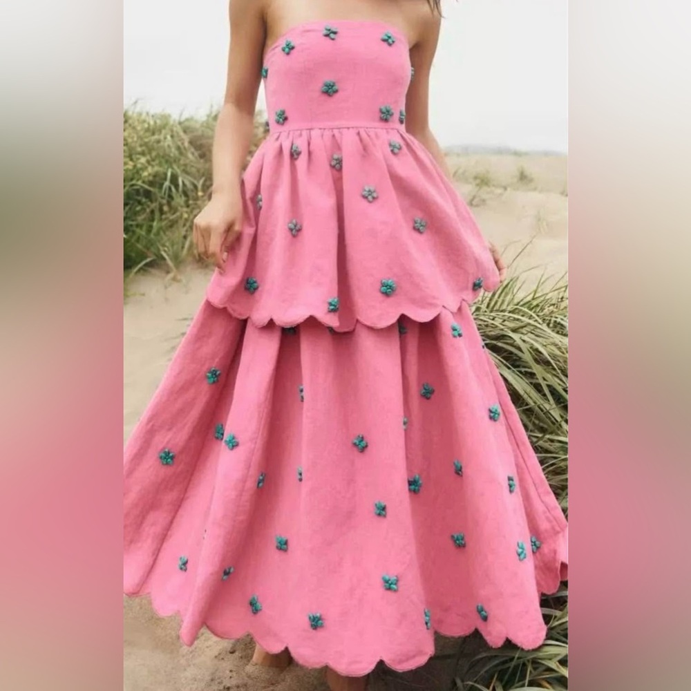 Daisy Dress by Eddy -Chic Pink Strapless Maxi Dress with Floral Accents - Picture 1 of 2
